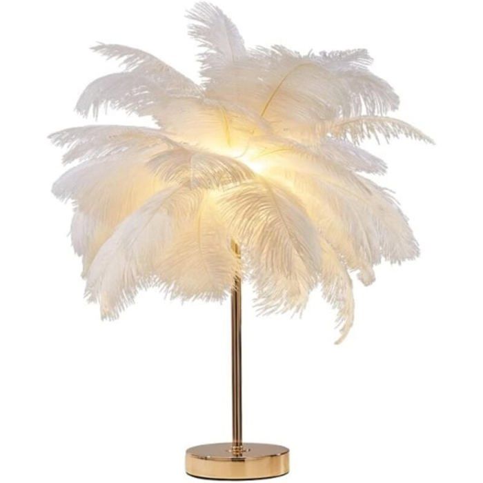 créative en plumes dautruche blanches abat-jour léger de luxe et élégant veilleuse éclairage de bureau blanc-3W-Lumière tricolore