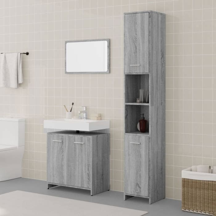 (Gris)Colonne de rangement contemporain - SIGNOR - Ensemble de meubles de salle de bain 3 pcs Sonoma gris 907026