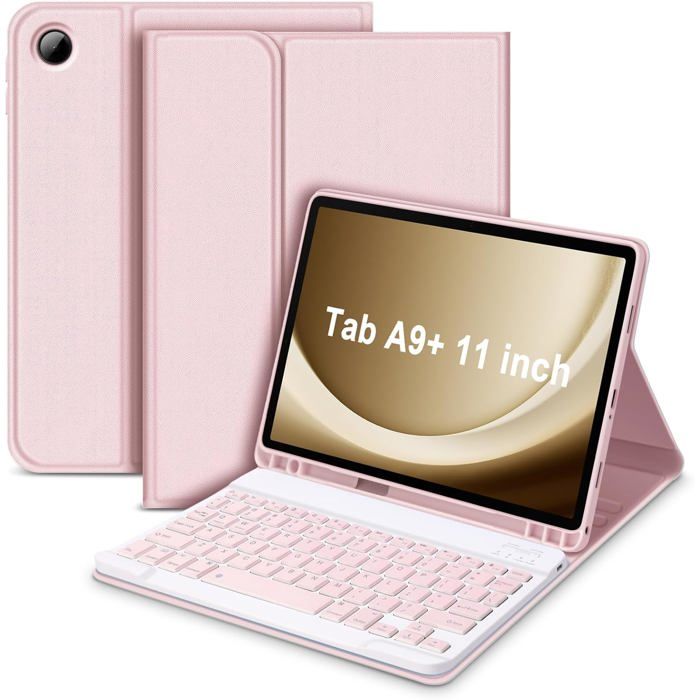 Français Étui de clavier pour tablette Samsung Galaxy Tab A9 Plus 11 2023 SM-X210/X216/X218 avec clavier Bluetooth amovible rose