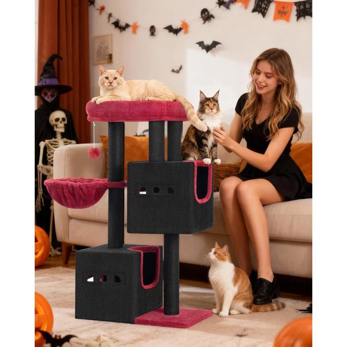 Meilleurs prix pour Arbre à ChatTour de Jeux 98 cm Meubles de Maison pour Chats avec 2 Niches Grande Plate-Forme Sisal Griffoir Hamac Noir Rouge
