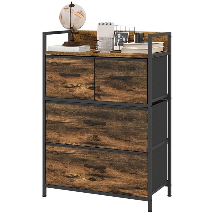 Buffet de salon - Buffet bas industriel - 4 tiroirs - Cadre métal - 60x29x85 cm - Noir+Brun