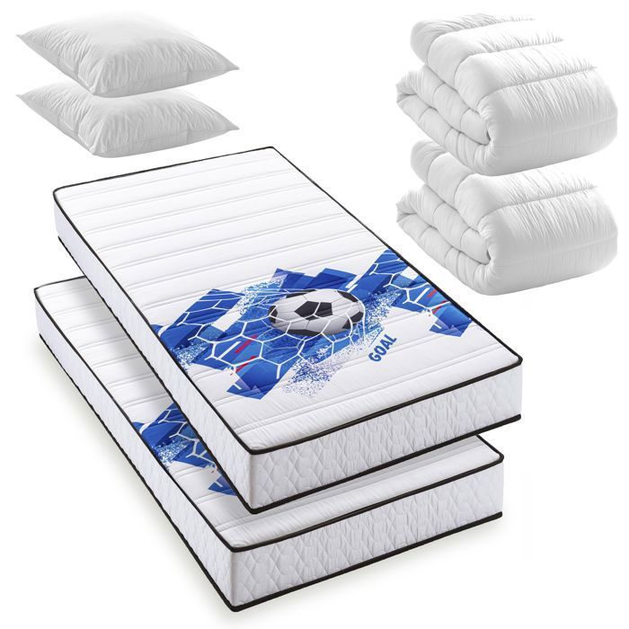 Pack Football - Lot de 2 Matelas FOOTBALL mousse 90x190 + 2x couettes + 2x oreillers– Fabriqué en Belgique