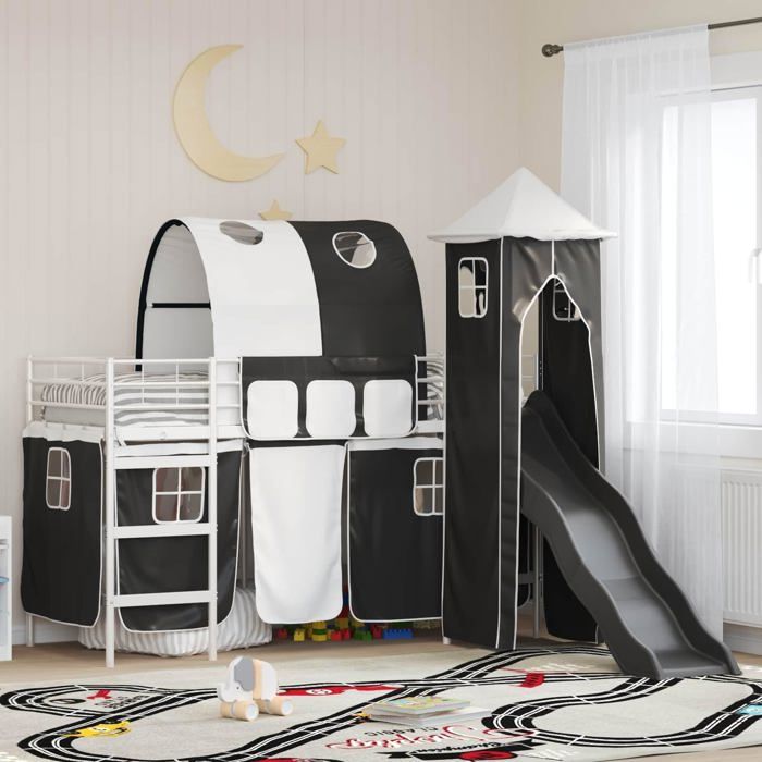 Lit mezzanine enfant - vidaXL - 80x194x116 cm - Blanc X Noir - Métal robuste - Toboggan intégré - Tour de jeu