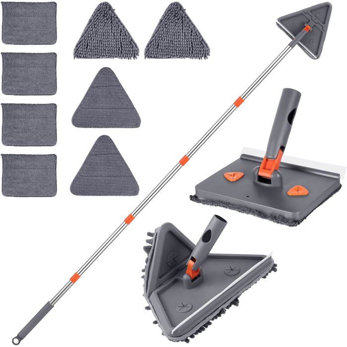 Balai serpillère à long manche 192 cm pour murs et plinthes avec 2 plumeaux chenille et 6 tampons en microfibre pour murs peints