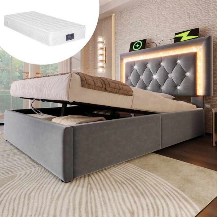 Lit Simple Capitonné Velours Gris 90x200cm- Bande LED Diamant USB Type-C-Coffre Hydraulique Sommier Lattes-avec Matelas-LED