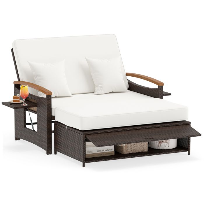 Canapé de Jardin en Rotin PE COSTWAY avec Ottoman de Rangement 2 Places Plateau Pliante Dossier Réglable Coussin Amovible Blanc
