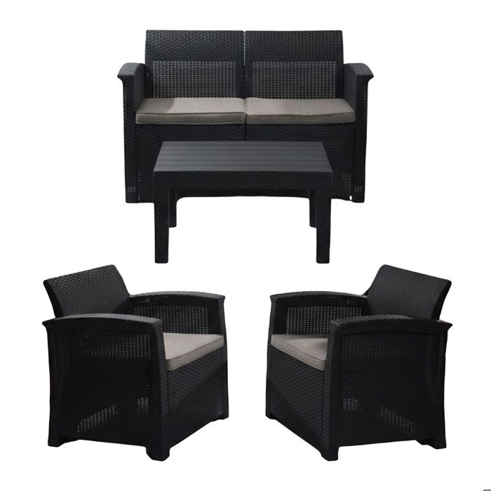 Ensemble salon de jardin Relaxdays 4 pièces rotin synthétique 4 personnes banquette 2 places 2 fauteuils & table