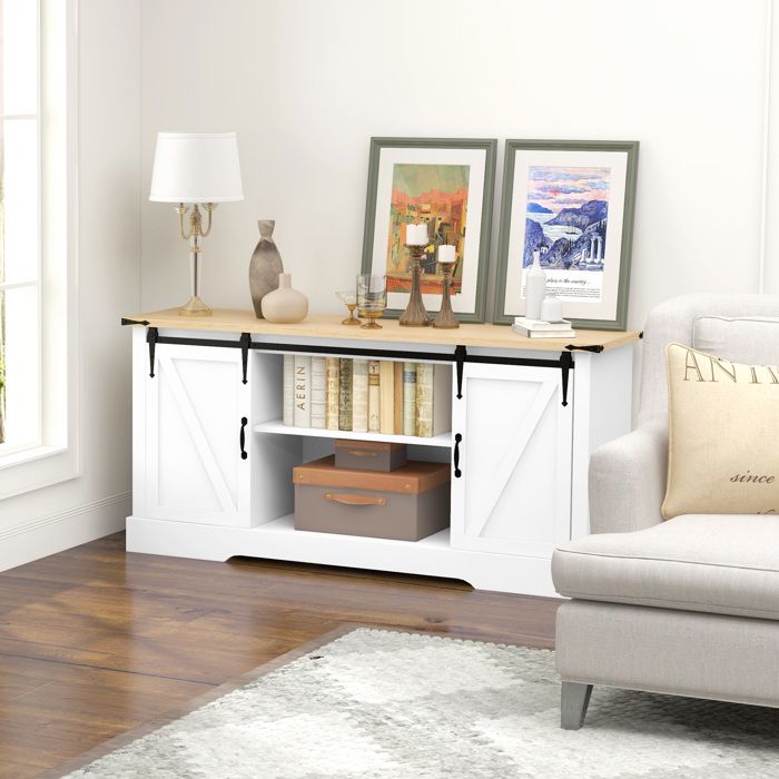 MOTHINESSTO2628-Buffet meuble de rangement avec 2 portes coulissantes étagères réglables 150l x 40P x 72H cm en bois blanc chêne