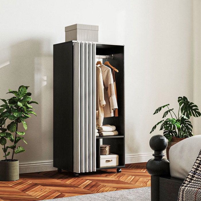 MOTHINESSTO3528-Armoire penderie Armoire de Rangement Mobile avec rideau Panneaux de Particules tringle de suspension noir