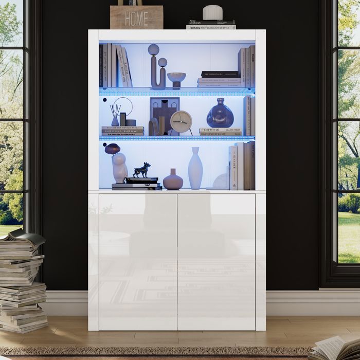 Vitrine de Salon - Blanc Brillante- avec 2 Portes - Étagères en Verre - LED - 100 x 35 x 170 cm - Buffet Haut Vitrine de Salon - Blanc Brillante- avec 2 Portes - Étagères en Verre - LED - 100 x 35 x 170 cm - Buffet Haut
