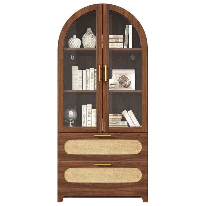 Vitrine de Montmartre Rétro Noyer 80x40X175xcm Bibliothèque avec 2 Tiroirs Étagères Réglables Meuble de Rangement