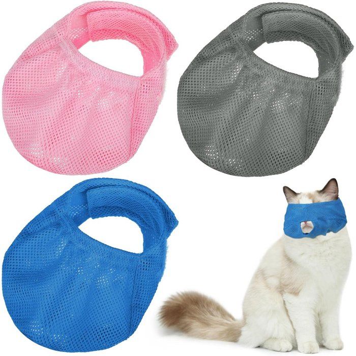 Muselière Pour Chat Respirante Ajustable Lot De 3 Anti-Morsure Filet Nylon Doux Pour Toilettage Et Soins Bleu Rose Gris