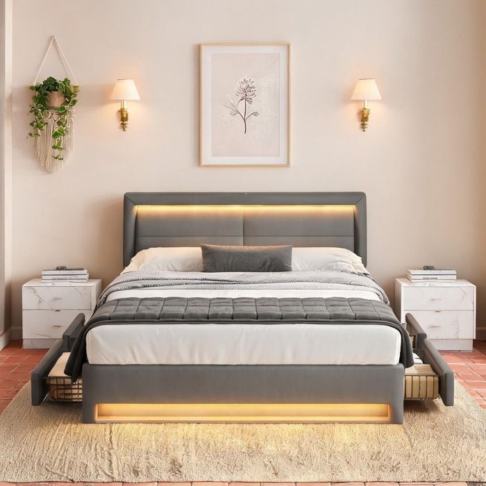 Lit coffre 140x200 cm en simili cuir gris froid avec USB LED 12 couleurs et 4 tiroirs