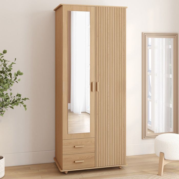 IDMARKET Armoire 2 portes JULIETTE effet lattes tasseau bois penderie 80 cm avec 2 tiroirs miroir et étagères IDMARKET Armoire 2 portes JULIETTE effet lattes tasseau bois penderie 80 cm avec 2 tiroirs miroir et étagères