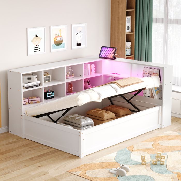 Canapé Lit 90x200 cm avec éclairage LED et Rangement hydrauliquelit Banquette avec Compartiments et sommiers à Lattes en BoisBlanc