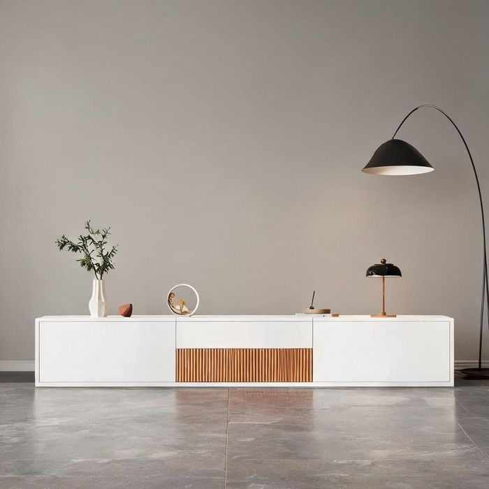 Meuble TV design épuré 180 cm blanc classique et bois avec niche projecteur