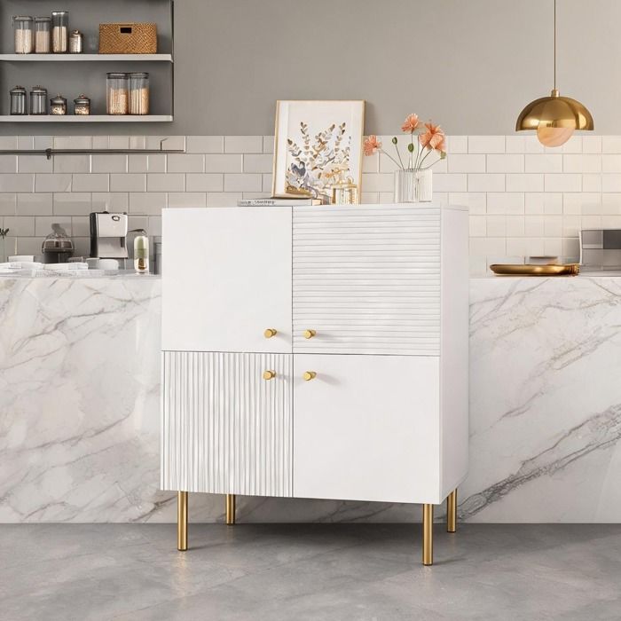 Buffet bas blanc MDF 80x36x90 cm avec poignées en alliage de zinc et pieds en acier – Rangement moderne pour salon ou entrée