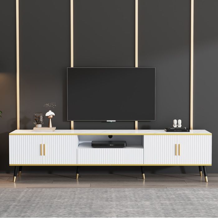 COVREO meuble TV 200 x 40 x 46 cm aspect marbre blanc et doré 4 portes 1 tiroir jusqu’à 90 pouces