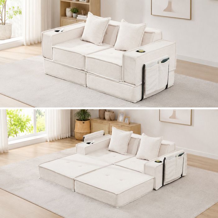 Canapé-lit 2 Places avec Repose-pieds à Rangement Latéral et Porte-gobelets pour Salon ou Chambre D’amis Beige