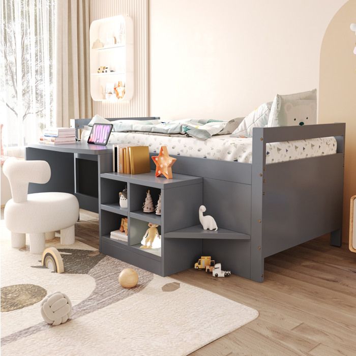Lit mezzanine enfant Simple 90×200 cm bureau rangements 2 USB et prise - YEAVIO - sans matelas bois gris
