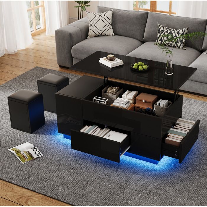 Table Basse Relevable Noire LED Table De Salon Design FloraGrace Pour Salon Et Bureau Rangement Cache 2 Tiroirs 100x50x45cm