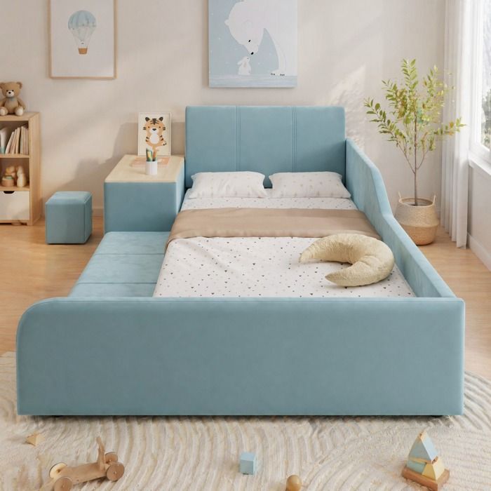 Lit combiné enfant 90 x 200 cm en velours bleu avec bureau latéral et hocker