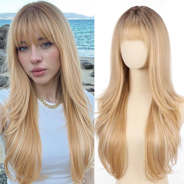 Ombre Blond Longues Ondulées Perruques Pour Femmes Avec Frange Synthétique Naturelle Couche Résistante À La Chaleur Filles U[CA191]
