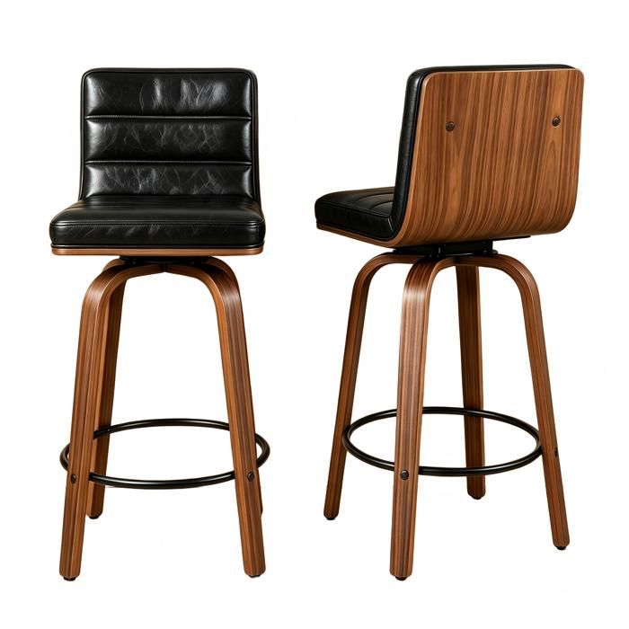 tabouret de bar pivotant - Pivotant à 360° - Cuir PU noir - Pieds en bois courbés - Dossier ergonomique rembourré