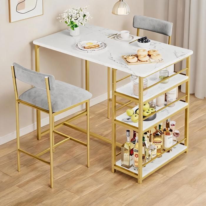 Ensemble table à manger 2 places – 3 étagères – 2 chaises velours rembourrées – Idéal pour petits espaces ou appartement -92×50×91cm