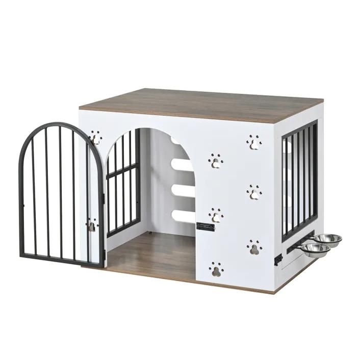 Meuble niche chien intérieur bois blanc naturel avec station d’alimentation intégrée cage élégante table d’appoint 2 gamelles inox