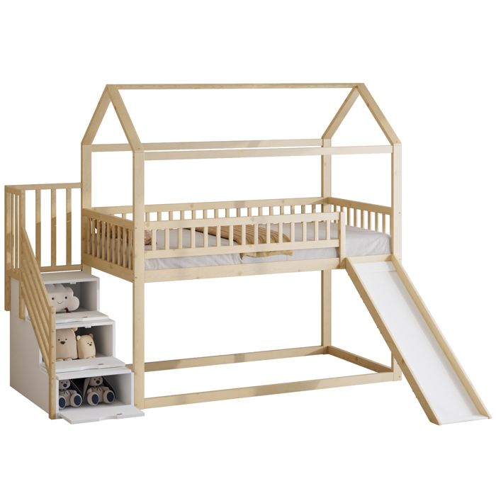 Lit mezzanine enfant – toboggan échelle de rangement 90 x 200 cm bois naturel