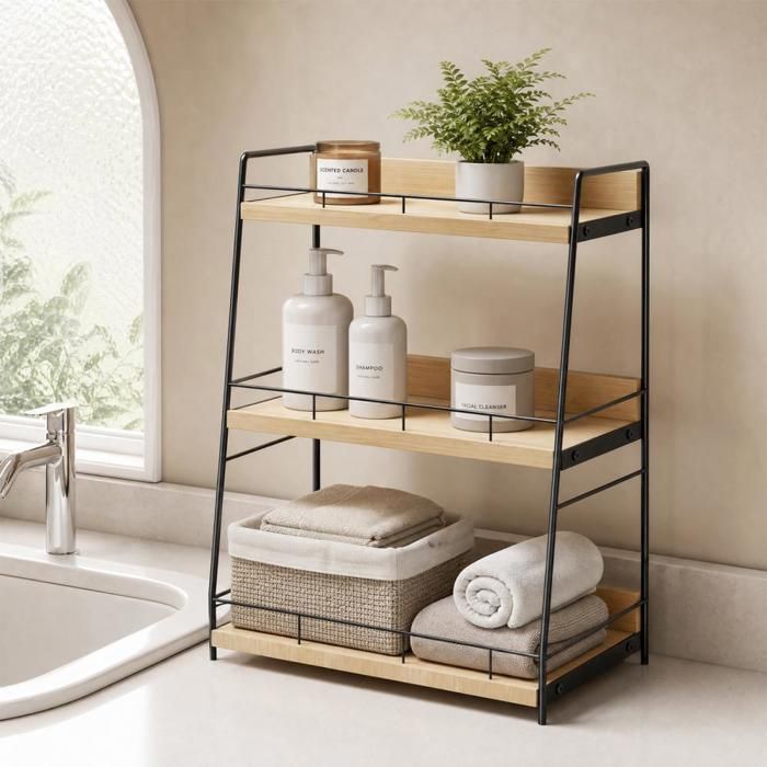 MIPAN.Étagère De Salle De Bain En Bois À 3 Niveaux - Couleur Bois Naturel - 33 × 17 × 43 CM - Grand Espace De Rangement