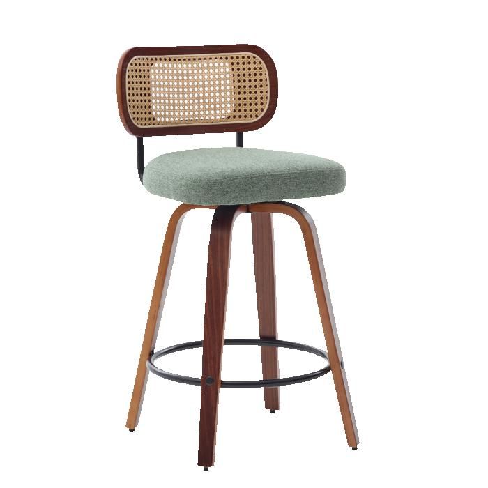 Lot 3 tabourets pivotants 26 bois noyer dossier rotin assise lin vert repose-pied métal îlot cuisine comptoir