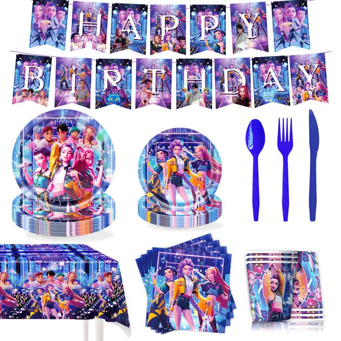 Kit de décoration anniversaire - Chanteuse de K-pop-9 pieces 96pcs assiettes 7 9 pouces gobelets serviettes nappe couverts - Gâteau