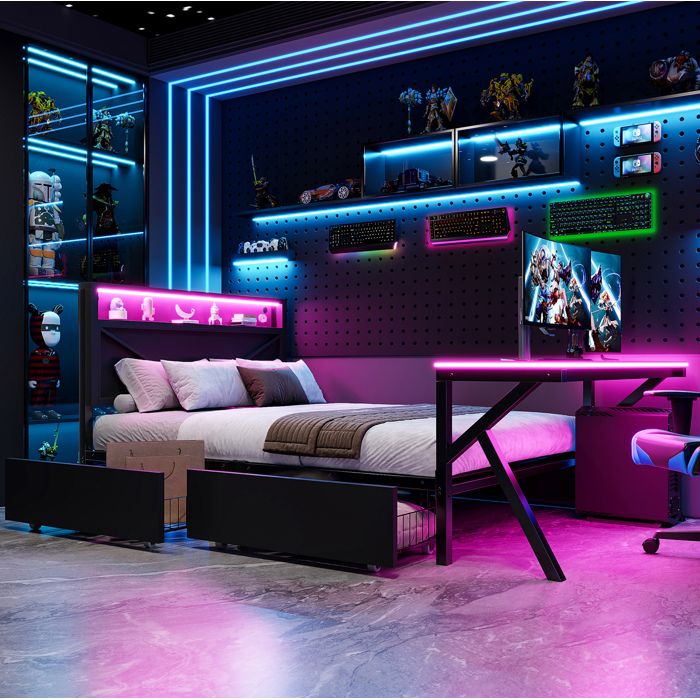 Lit plateforme gaming 140x200 cm AESVAR avec tête de lit LED bureau LED intégré et 2 tiroirs noir