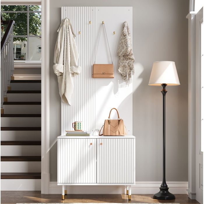 Meuble d’entrée blanc 70 x 35 x 180 cm avec 6 crochets porte-chaussures 2 portes étagère réglable et pieds métalliques