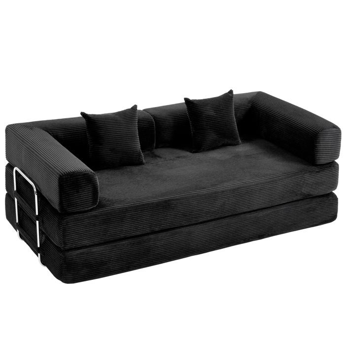 HS Canapé-Lit 2 Places en Velours Côtelé - Canapé Convertible 190 cm avec Cadre Inox Mousse Confort Noir