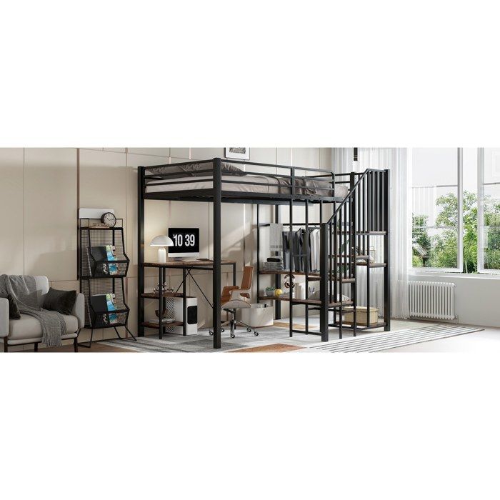 Lit mezzanine 120x200 cm avec bureau penderie étagères et rangements intégrés finition noir et bois vintage
