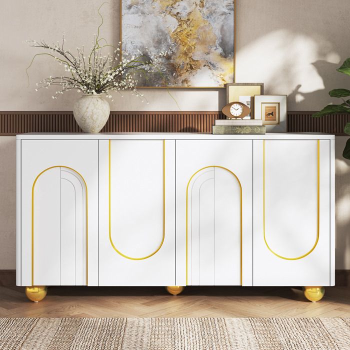 MEUVYX Buffet bas avec 4 portes 2 compartiments et étagères fixes décor en arc doré MDF blanc 140 × 40 × 74 cm