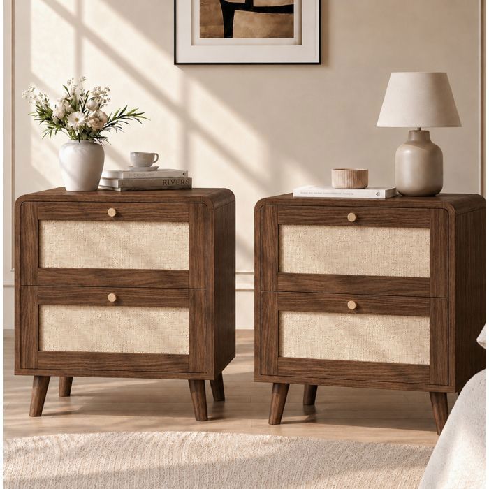 MEUBLIV Lot de 2 tables de chevet 2 tiroirs MDF et façades aspect rotin noyer 48 x 40 x 59 cm