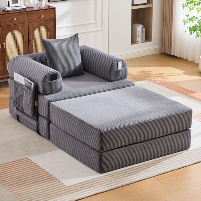 Canapé 112 x 190 x 67 cm coloris gris foncé revêtement en velours côtelé modulable avec repose-pieds livré compressé