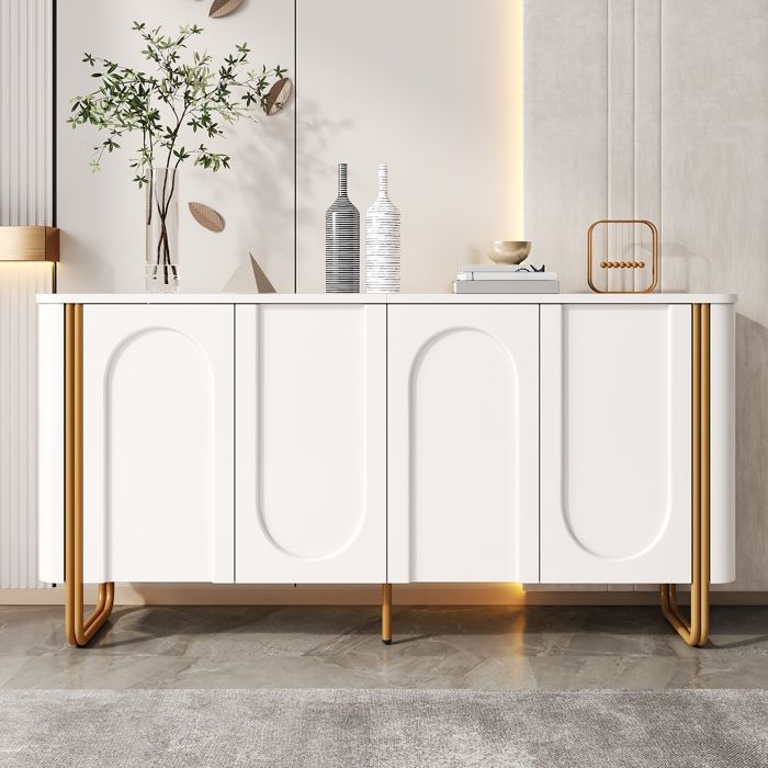 Buffet Bas 160 cm 4 Portes Push-to-Open à Relief Arqué Pieds Métal Doré Meuble de Rangement Blanc