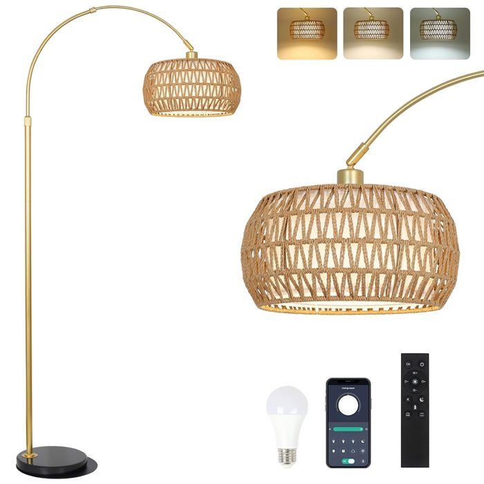 Lampadaire abat-jour rotin - douille E27 - hauteur réglable 155-185 cm - base marbre - variateur 3000K-6000K - télécommande