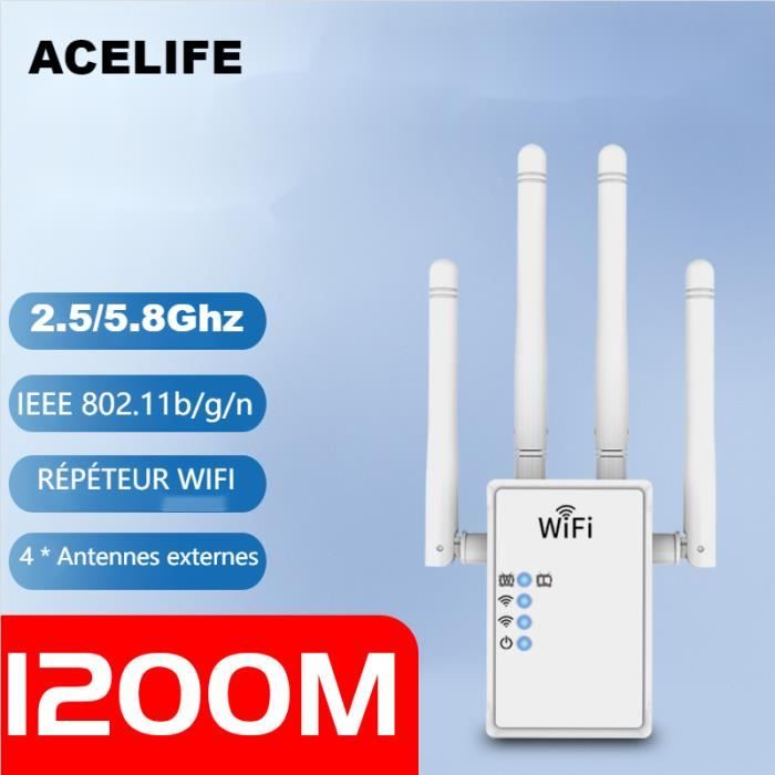 ACELIFE Répéteur Wi-Fi double bande AC 1200Mbps-2.5GHz et 5.8GHz avec 4 Antennes Externes Wifi Extender Mini Puissant