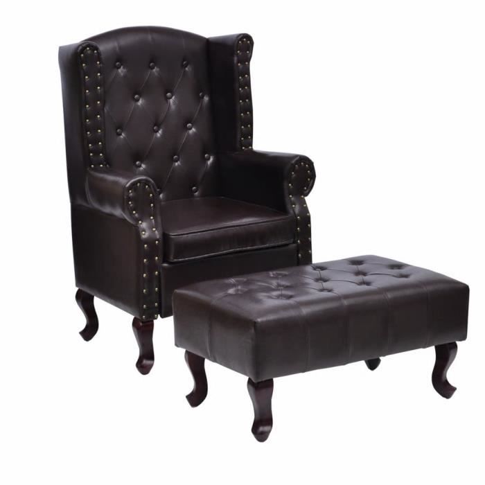 Fauteuil Chesterfield - QIM - Marron foncé - Simili - Repose-pied inclus