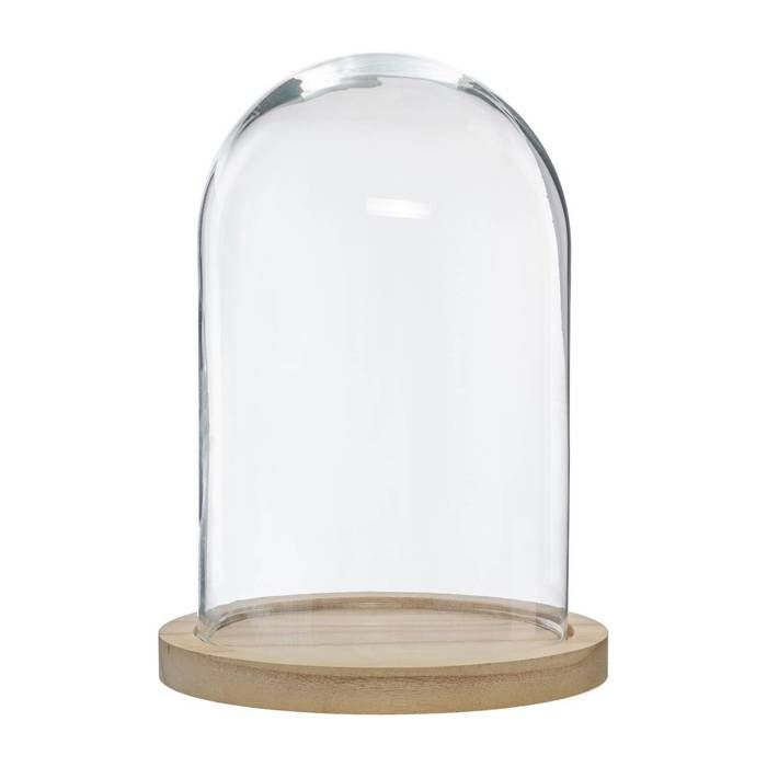 CLOCHE EN VERRE SUR SOCLE BOIS 26 CM Transparent