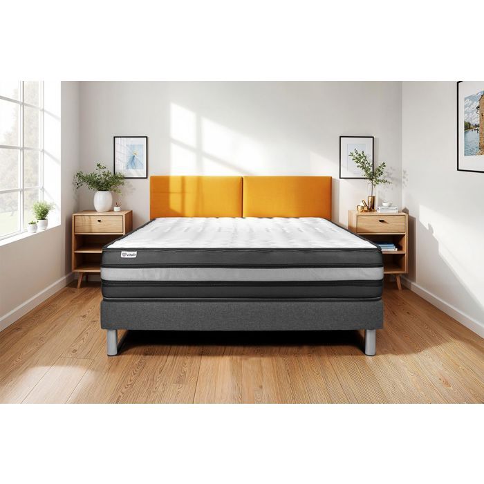 Ensemble Matelas Sommier 200x200 cm - Sommier Gris (en kit) - Vital Power Zen Gris