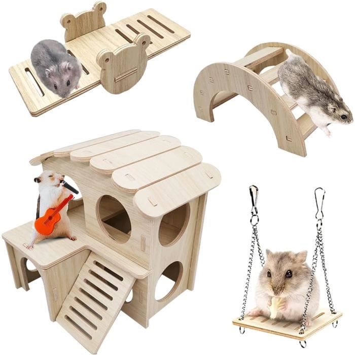 lot de 4 jouets pour hamster en bois, jeux pour hamster avec maison hamster pont balancoire pour hamster cochon d'inde chinchilla