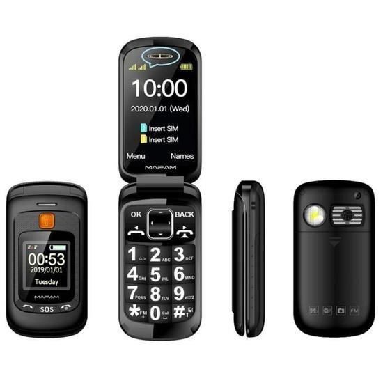 Téléphone mobile senior à clapet - Double écran LCD - Bouton SOS - Noir