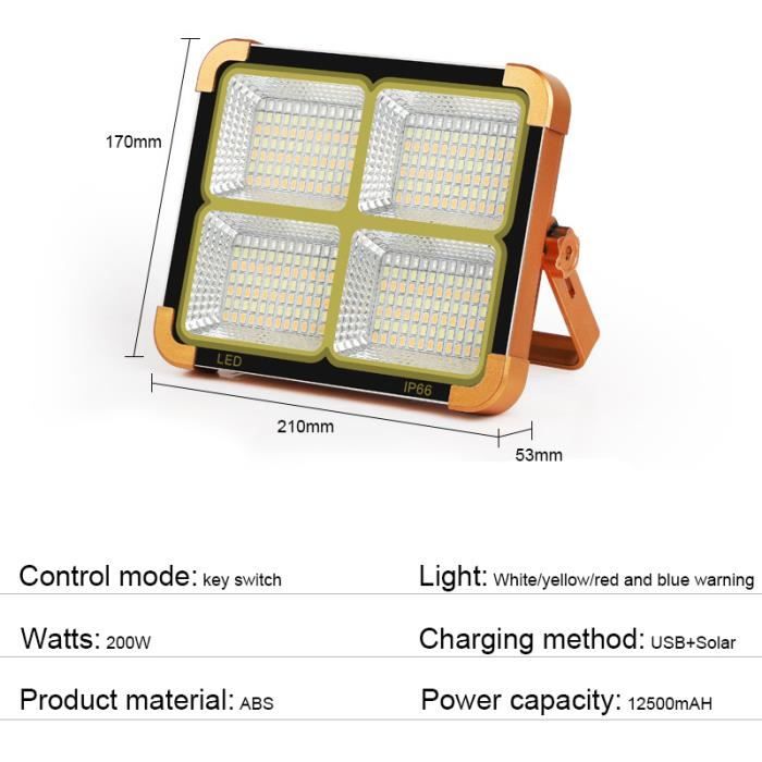 200w - projecteur led solaire portable et étanche, rechargeable, alimenté par batterie, éclairage'extérieur,